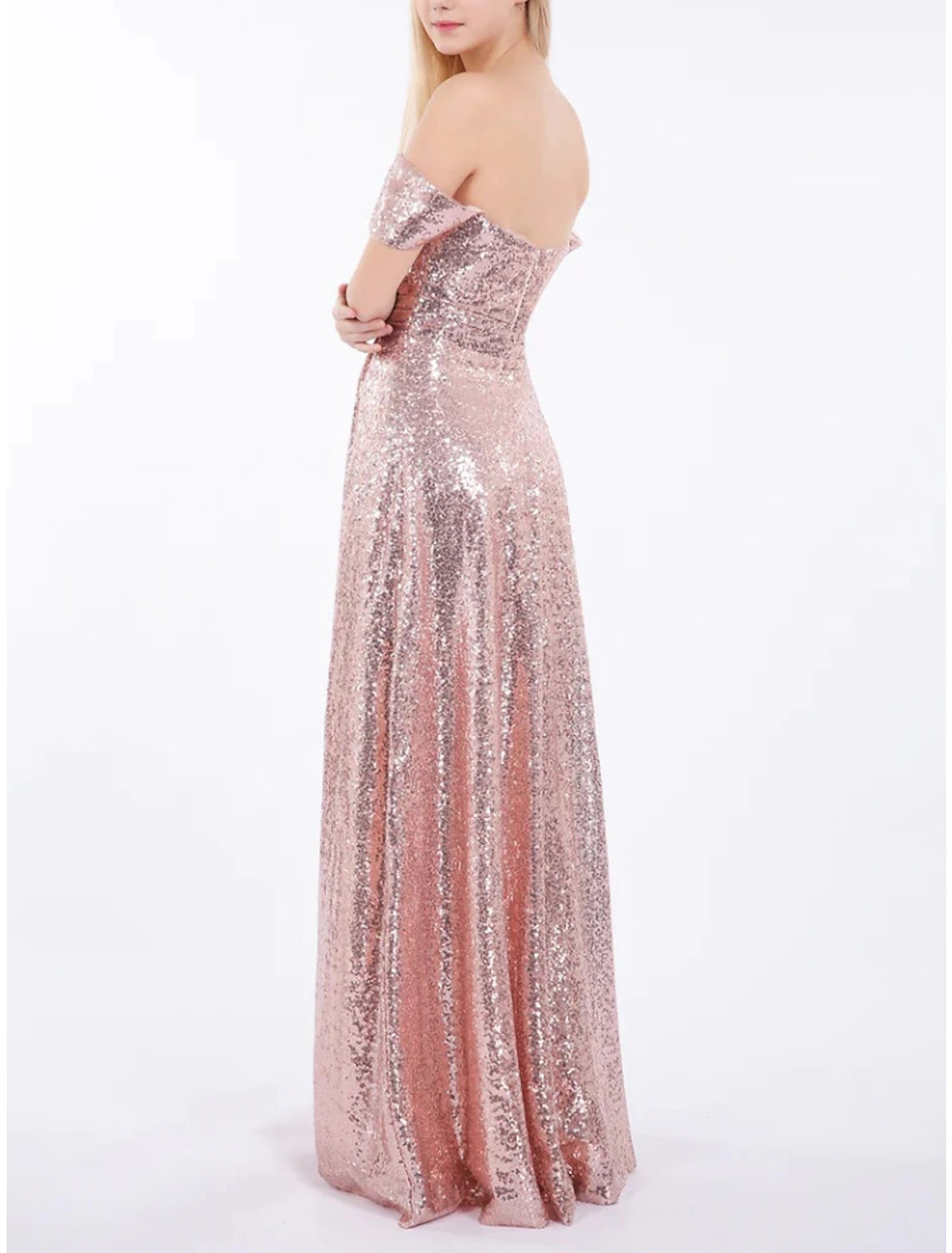 Abito da damigella d'onore a trapezio, elegante, con spalle scoperte, maniche corte, lunghezza al pavimento, paillettes e arricciature